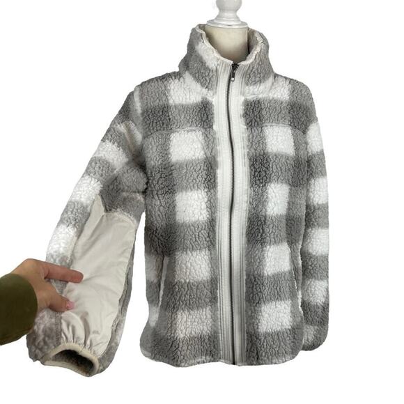 A&F Sherpa Check Fleece Plaid Full Zip Jacket Coat Gray and White Size Medium - Picture 3 of 16